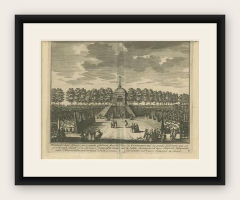 Antique Print of the Petersburg Estate by Stoopendaal, 1719, shown framed