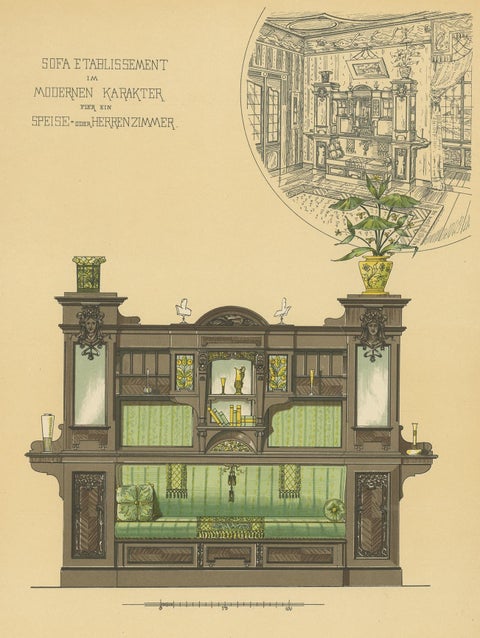 Pl. 28 Antique Print of Sofa Furniture for a Dining Room by Kramer, circa 1910, view 2