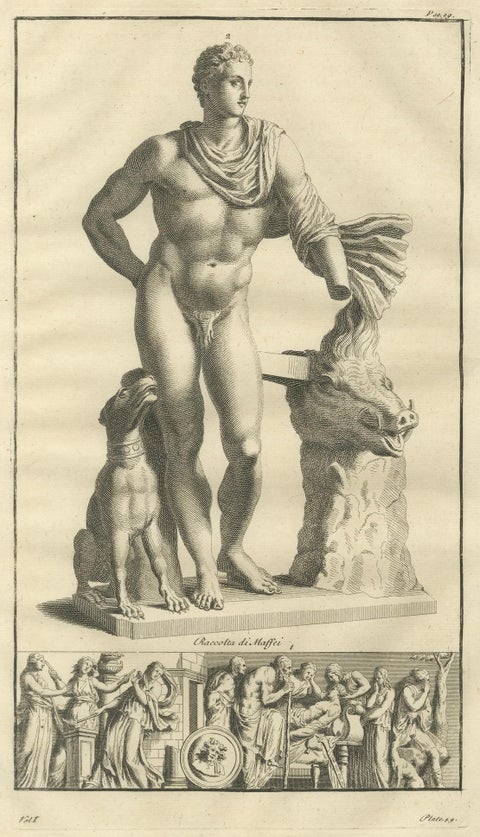 Meleager and the Calydonian Boar Antique Engraving, Montfaucon 1721, close-up 1