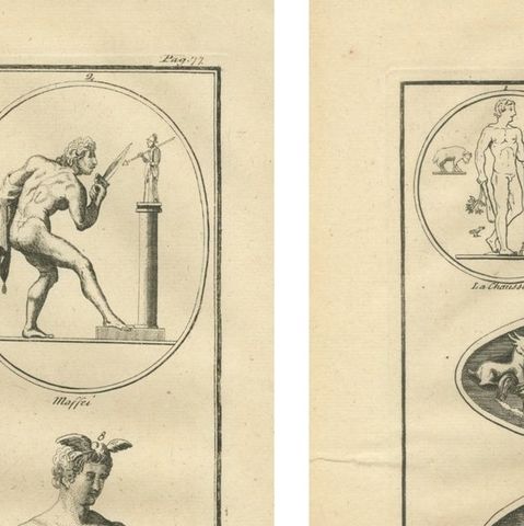 Pair of Roman Classical Sculpture Engravings, Montfaucon Antiquity, c.1721, close-up 1