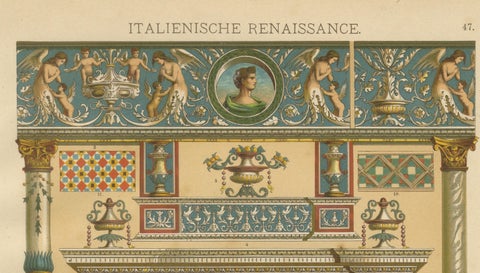 Italian Renaissance Architectural Frieze Print with Virtus Motto, 19th Century, close-up 6