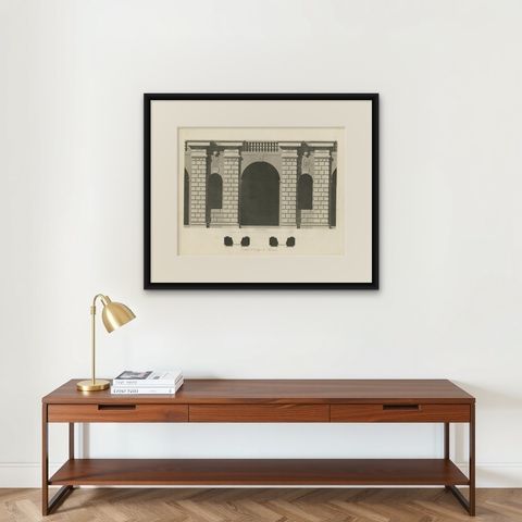 Cour des Fontaines, Architectural Copperplate Engraving by Baltard, 1803, shown framed on a wall, true to size