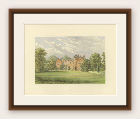 Lea Country House View, Victorian English Estate Landscape Engraving, c.1850, shown framed