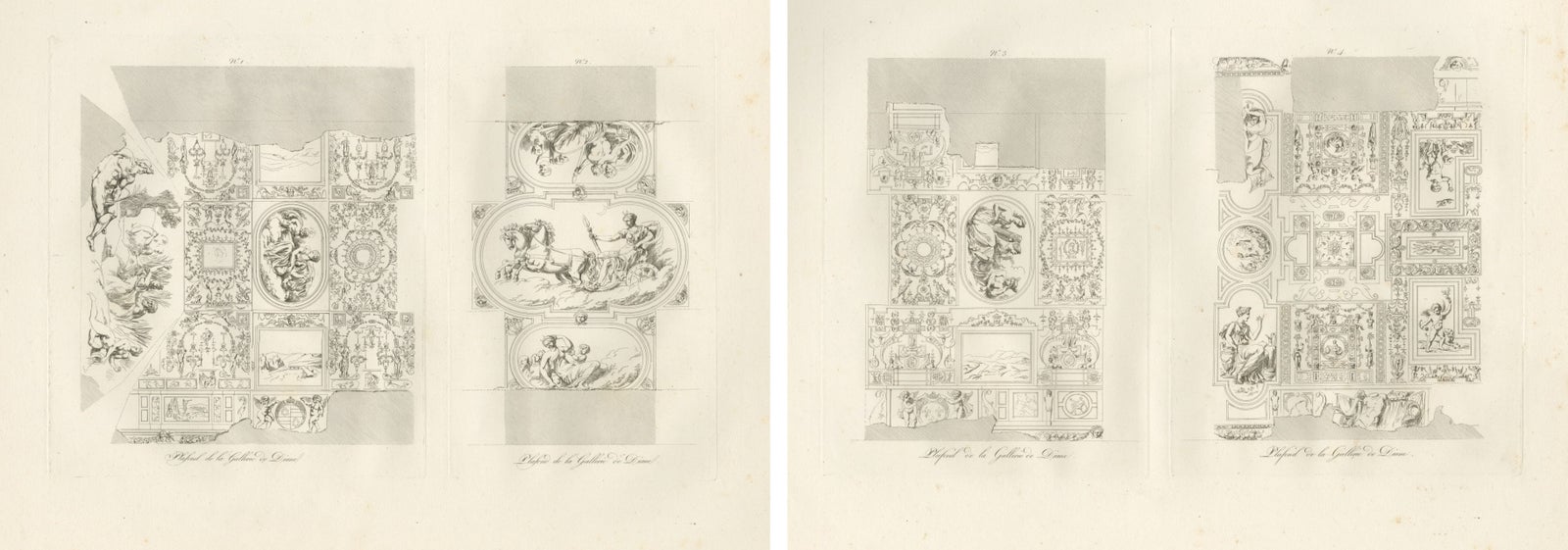 Antique Decorative Ceiling Designs, Fontainebleau Gallery, Baltard, 1803, Pair
