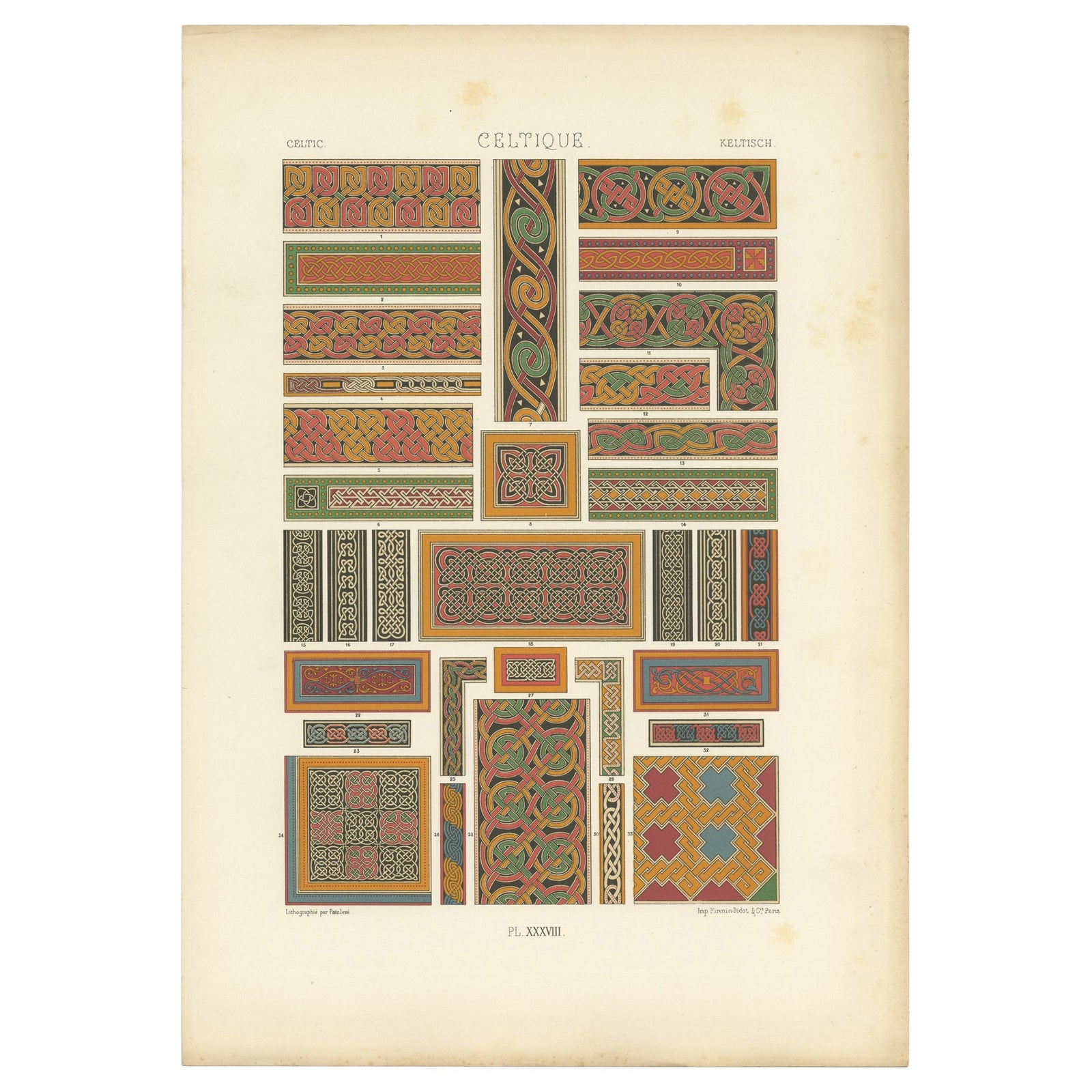 Pl. 38 Antique Print of Celtic Ornaments by Racinet, 'circa 1890'