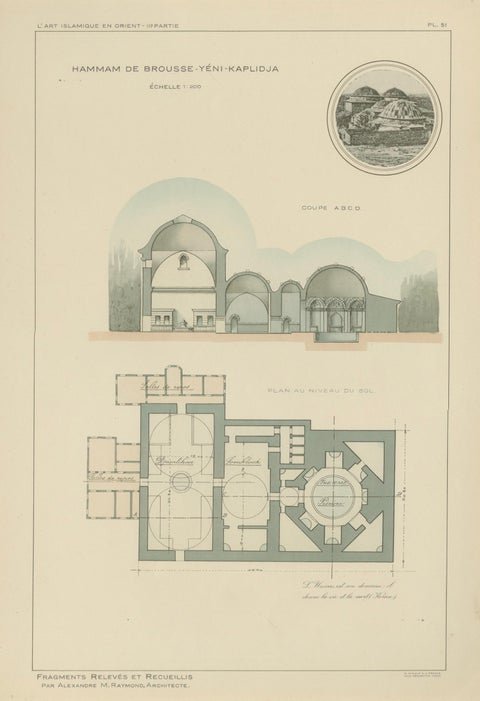Pair of Ottoman Hammam Architectural Plans, Bursa Thermal Baths, Published 1924, close-up 1