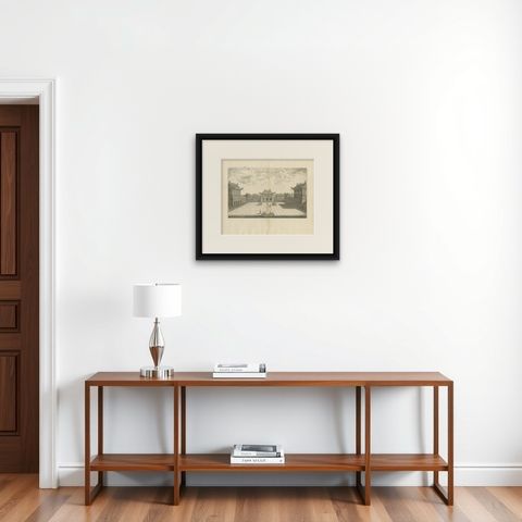 Antique Print of the Imperial Palace in Peking by Nieuhof, 1668, shown framed on a wall, true to size