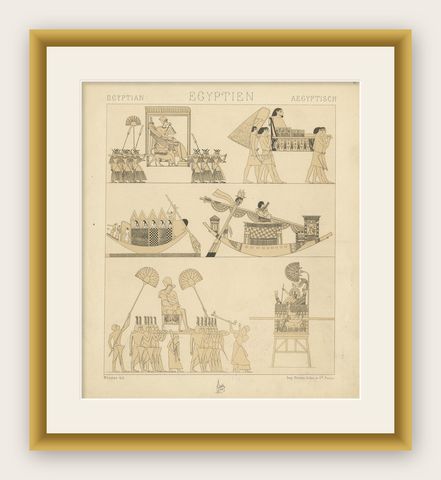 Pl. 2 Antique Print of Egyptian Decorative Objects by Racinet, 'circa 1880', shown framed