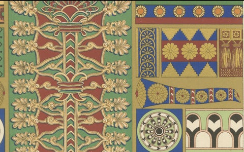 Assyrian Ornament Print, Color Lithograph of Ancient Motifs and Symbols, c.1869, close-up 2