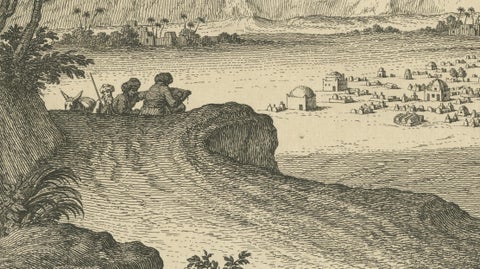 Tombs near Esna, Egypt, Nile Landscape by Norden, Copper Engraving 1755, close-up 4
