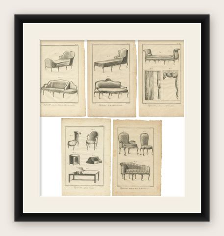 Set of 5 Antique Prints of Various Furniture by Benard 'c.1785', shown framed