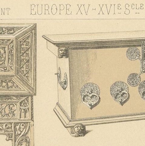 Pl 35 Antique Print of European 15th-16th Century Furniture by Racinet, close-up 1