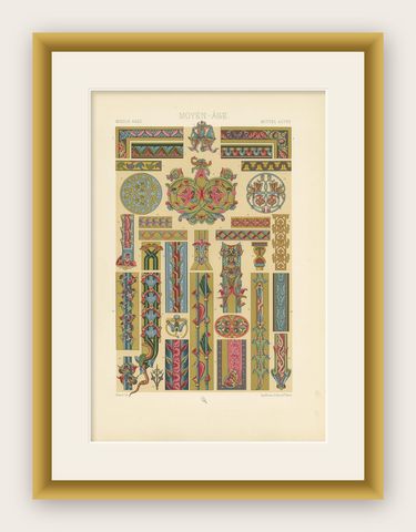 Pl. 52 Antique Print of Middle Ages Manuscripts Decoration by Racinet, shown framed