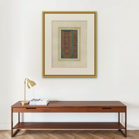 Antique Chromolithograph Liturgical Textile Ornament, Reiche Kapelle Munich 1874, shown framed on a wall, true to size