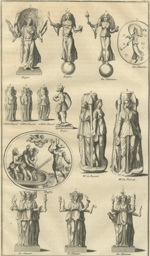 Antique Roman Goddess Statues and Reliefs, Montfaucon Classical Engraving 1721, close-up 1