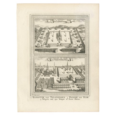 Antique Print of Siam Temples by Van Schley 'c.1750'
