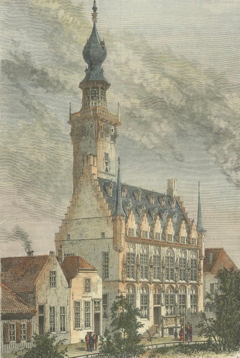 1875 Engraving of the Historic City Hall in Veere in Zeeland by E. Thérond, close-up 3