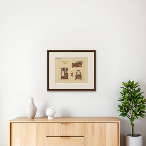 Pl. 48 Antique Print of Bedroom Furniture by Kramer, circa 1910, shown framed on a wall, true to size