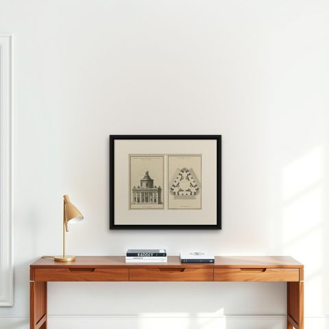 Neoclassical Visions: De Neufforge's Temple Designs Original Engravings, ca.1770, shown framed on a wall, true to size