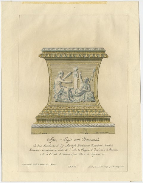 Rare Antique Engraving of a Large Ornamental Bacchic Altar or Pedestal, 1740, view 2