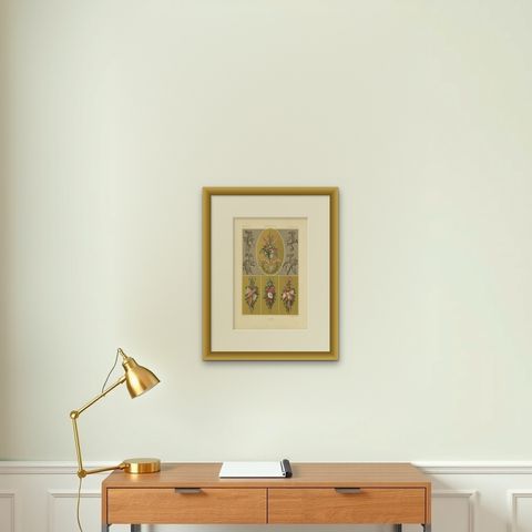 Pl. 99 Antique Print of XVIIIth Century Ornaments by Racinet, circa 1890, shown framed on a wall, true to size