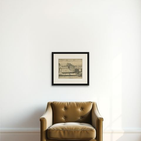Antique Print of the Leper's House in The Hague, The Netherlands, shown framed on a wall, true to size