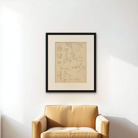 Pl. 80 Antique Print of Furniture Details by Kramer, circa 1910, shown framed on a wall, true to size
