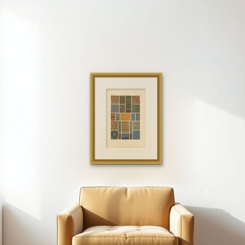 Pl. 47 Antique Print of Middle Ages Ornaments by Racinet, 'circa 1890', shown framed on a wall, true to size