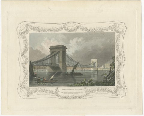 1828 Aquatint Vista of Hammersmith Bridge Over the Thames, view 2