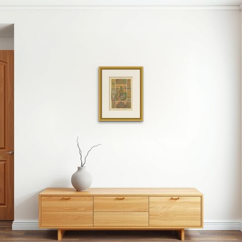 Exquisite Indian Ornamental Art from Dolmetsch's 1887 Collection, shown framed on a wall, true to size
