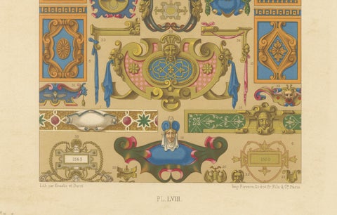 Renaissance Decorative Cartouches & Motifs, Antique Lithograph, ca.1869, close-up 2