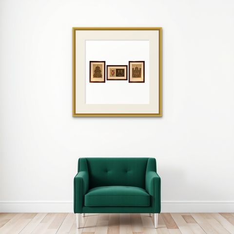 Monumental Bavarian Altar Design Triptych, Historicist Ornament, c. 1874, shown framed on a wall, true to size