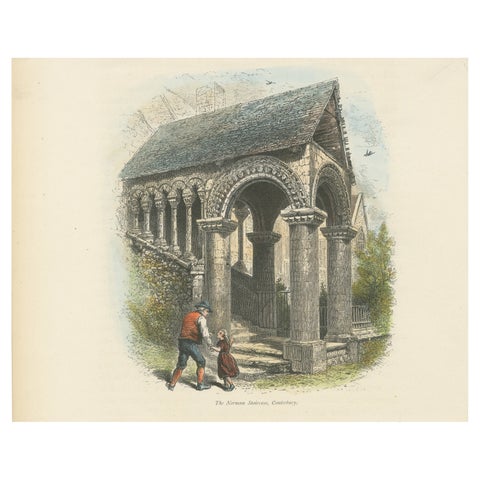 Antique Hand-Coloured Engraving, The Norman Staircase, Canterbury, c.1870s