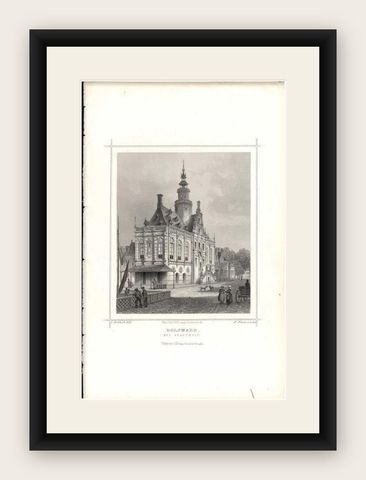 Antique Print of the City Hall of Bolsward, Friesland, The Netherlands, c.1860, shown framed