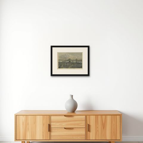 The Brooklyn Bridge Over the East River, Between Long Island and New York, 1883, shown framed on a wall, true to size