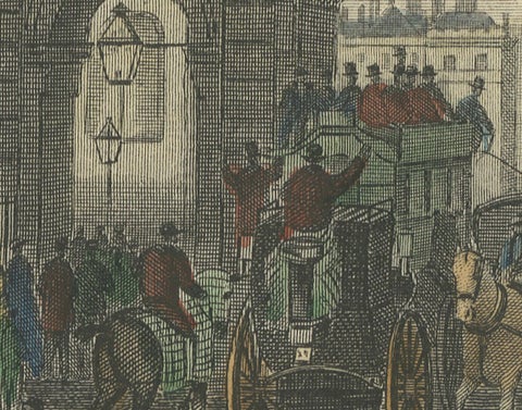 1829 Etching of Temple Bar in Bustling Regency London, close-up 1