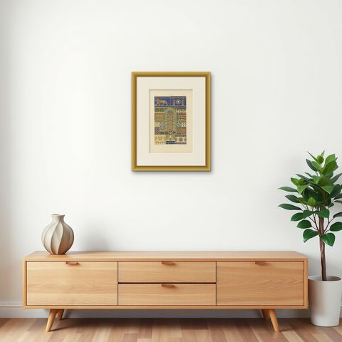 Assyrian Ornament Print, Color Lithograph of Ancient Motifs and Symbols, c.1869, shown framed on a wall, true to size