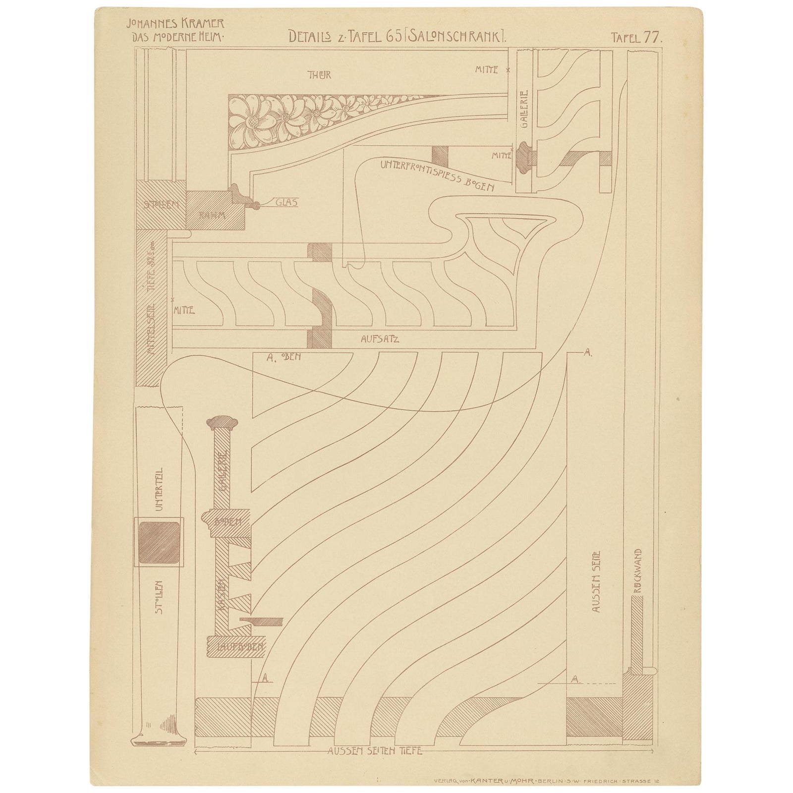Pl. 77 Antique Print of Furniture Details by Kramer, circa 1910