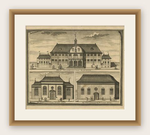 Antique Print of the City Hall of Batavia 'Indonesia' by F. Valentijn circa 1725, shown framed