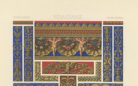 Renaissance Architectural Ornament, Gilded Scrollwork & Cherubs, Pl. LXVI, 1869, close-up 2