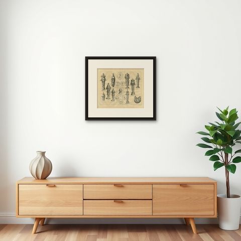 Antique Roman Ephesian Artemis Statues, Montfaucon Classical Engraving 1721, shown framed on a wall, true to size