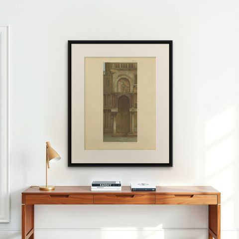 Pl. 10 Antique Print of the Main Facade of the Basilica of San Marco, shown framed on a wall, true to size