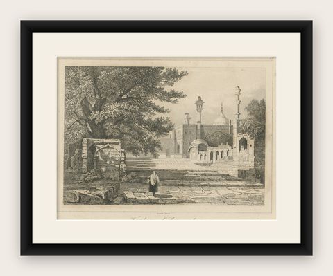 Print of Aurengzeb's Tomb, the Last Influential Mughal Emperor of India, 1860, shown framed
