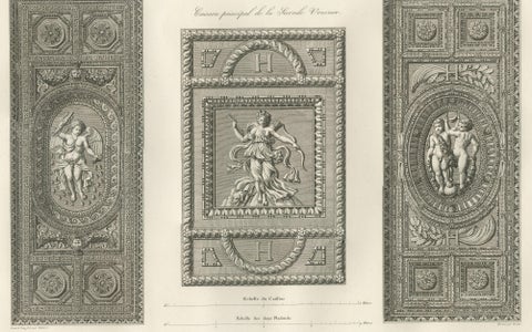 Antique Louvre Sculptures & Institut Ceiling Ornament Prints, Baltard 1803, close-up 5
