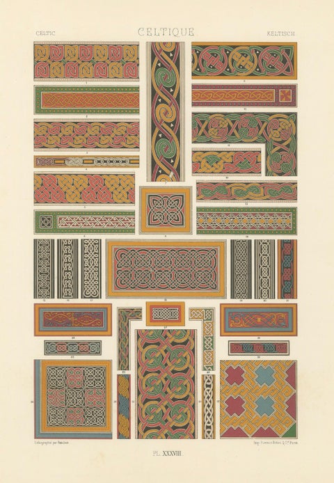 Celtic Knotwork and Borders, Antique Print of Interlacing Patterns, c.1869, close-up 4
