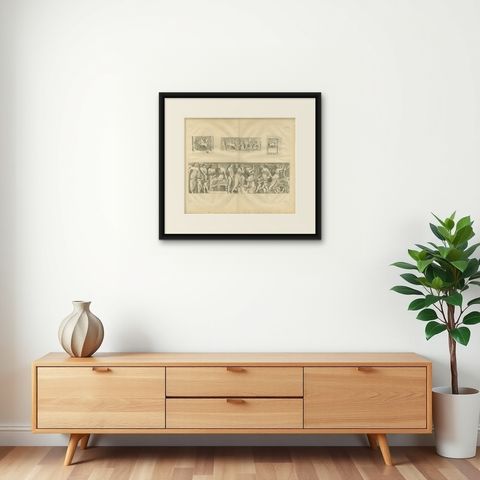 Monumental Classical Relief Scene, Montfaucon Antiquity Explained Engraving 1721, shown framed on a wall, true to size