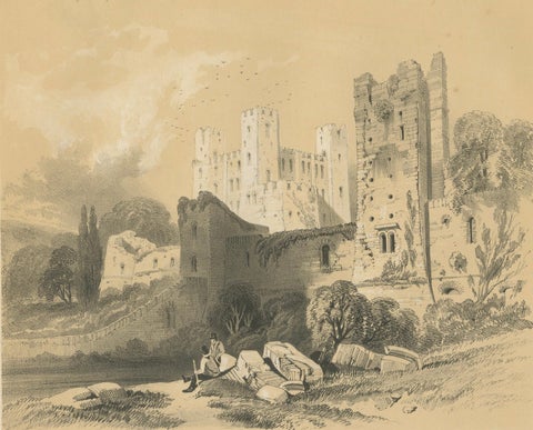 Old Print of an Idyllic Scene at the Historic Ruins of Rochester Castle, England, close-up 3
