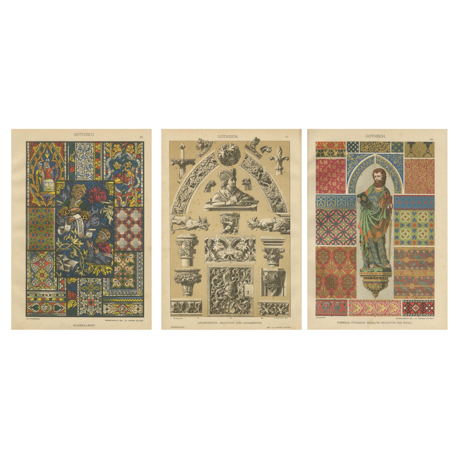 Gothic Decorative Art Prints: Stained Glass, Sculpture and Textile Motifs 1887