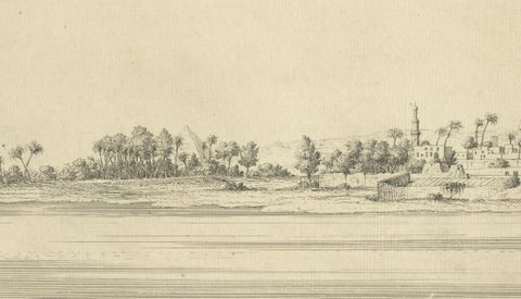 Old Cairo on the Nile with Distant Pyramids, Antique Egypt Engraving, c.1755, close-up 5