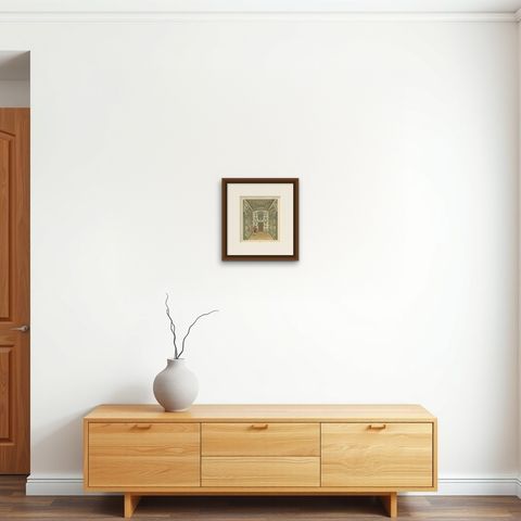 Pl. 183 Antique Print of Spanish Interior by Racinet, 'circa 1880', shown framed on a wall, true to size